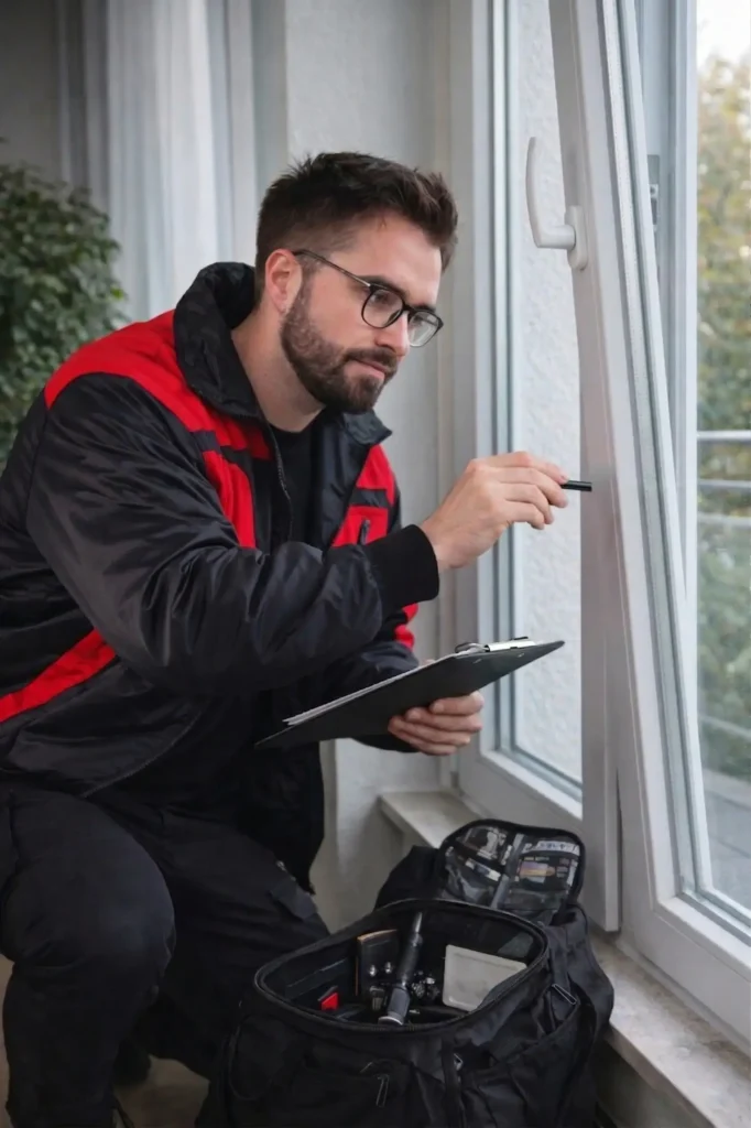 Schlüsseldienst Albrink bei der Sicherheitsuntersuchung eines Fensters