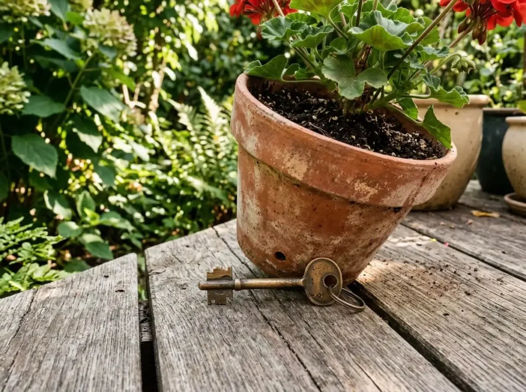Ein Schlüsselversteck unter einem Blumentopf