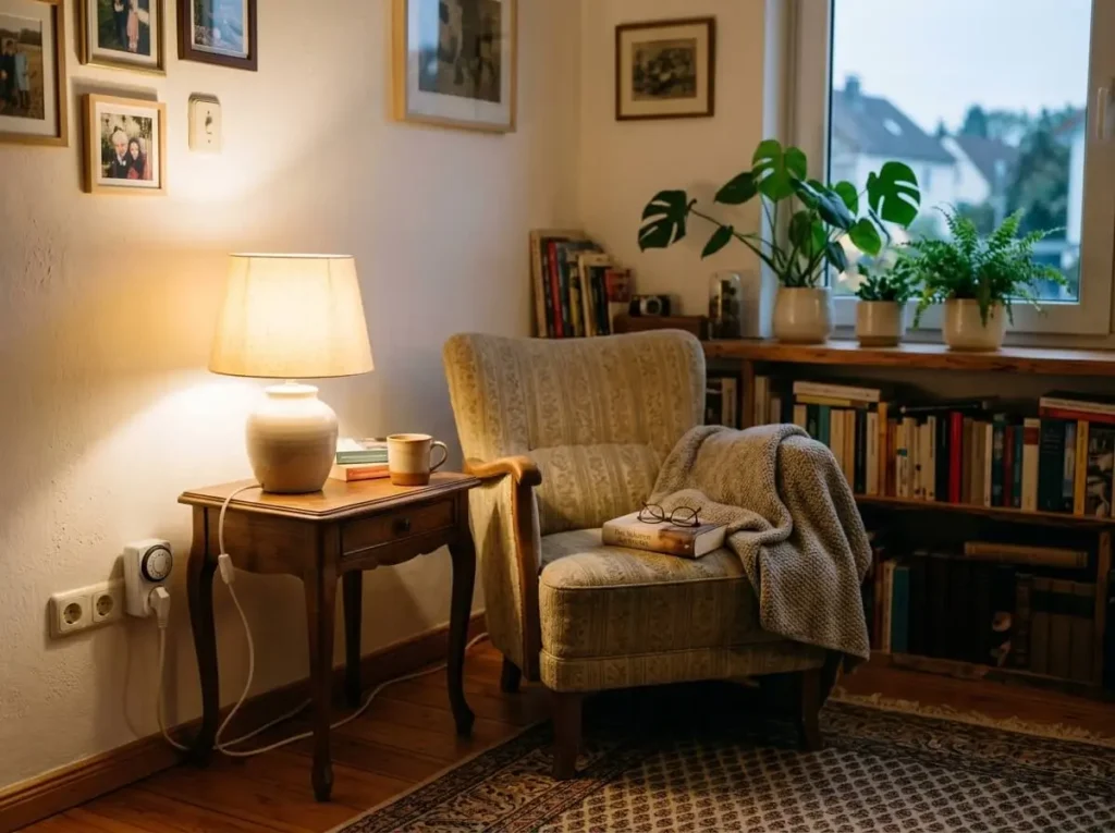 Ein Wohnzimmer, welches mit einer Zeitschaltuhr beleuchtet wird